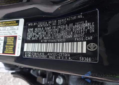 2017 Toyota Camry Xle from USA, damaged, VIN 4T1BF1FK4HU789033